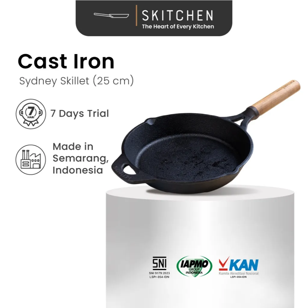 SKITCHEN Sydney Skillet (25 cm) - Wajan Cast Iron Wooden Handle, Gagang Kayu Jati Premium Anti Panas