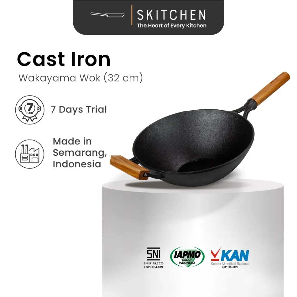 SKITCHEN Cast Iron Wakayama Wok (32 cm) - Wajan, Gagang Kayu Jati Premium, Wooden Handle, Anti Panas