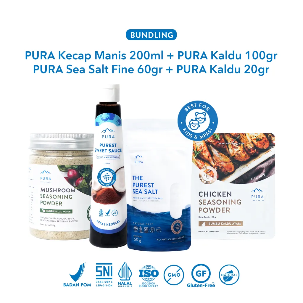 Pura Complete Bundle! [4PCS] Kecap Manis 200ml + Kaldu Asli 100gr + Sea Salt Fine 60gr + Kaldu Asli 20gr - Garam Laut Halus Organik - Kaldu MPASI Bayi Tanpa Penguat Rasa Non MSG - Sweet Sauce Kelapa Rendah Gula