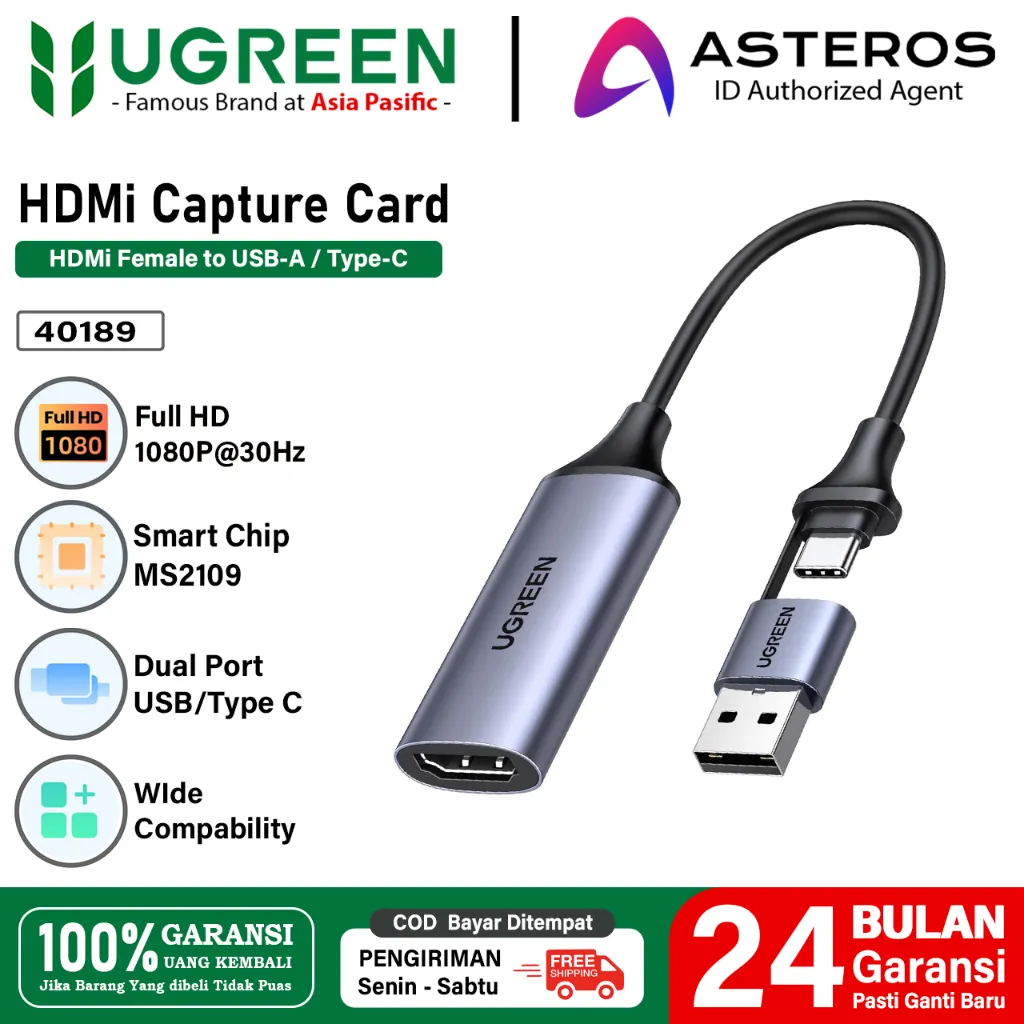 UGREEN Video Capture Card HDMI to USB 2.0 / USB-C Full HD 1080P@30Hz for Streaming Game Recording