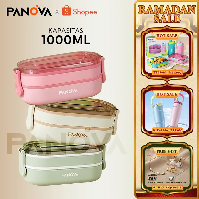 PANOVA Kotak Makan Lunch Box 1000ML Food Grade BPA Free AMAN Microwave - Anti Tumpah Tempat Bekal Sekolah/Kantor Wadah Makan PP Tahan Panas (Hijau/Putih) BTE41208