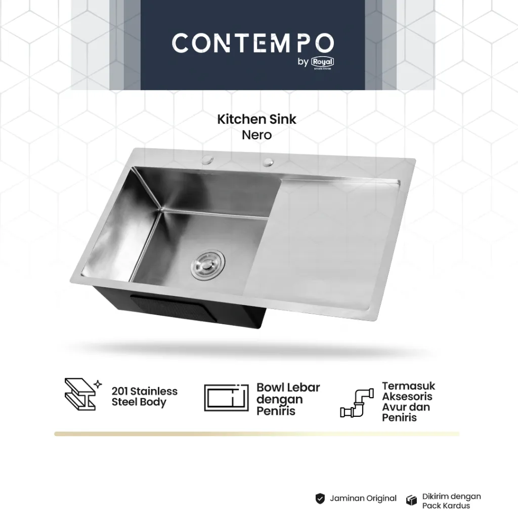Royal Kitchen Sink Silver Metallic Series Contempo Nero | Bak Cuci Piring Stainless Steel 90 x 50 Cm