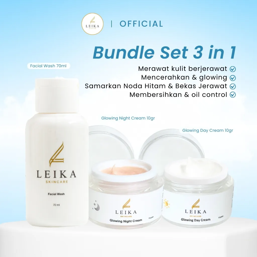 Leika Skincare Basic Pack 3 in 1 Glowing Day Cream, Glowing Night Cream &  Facial Wash Resmi BPOM