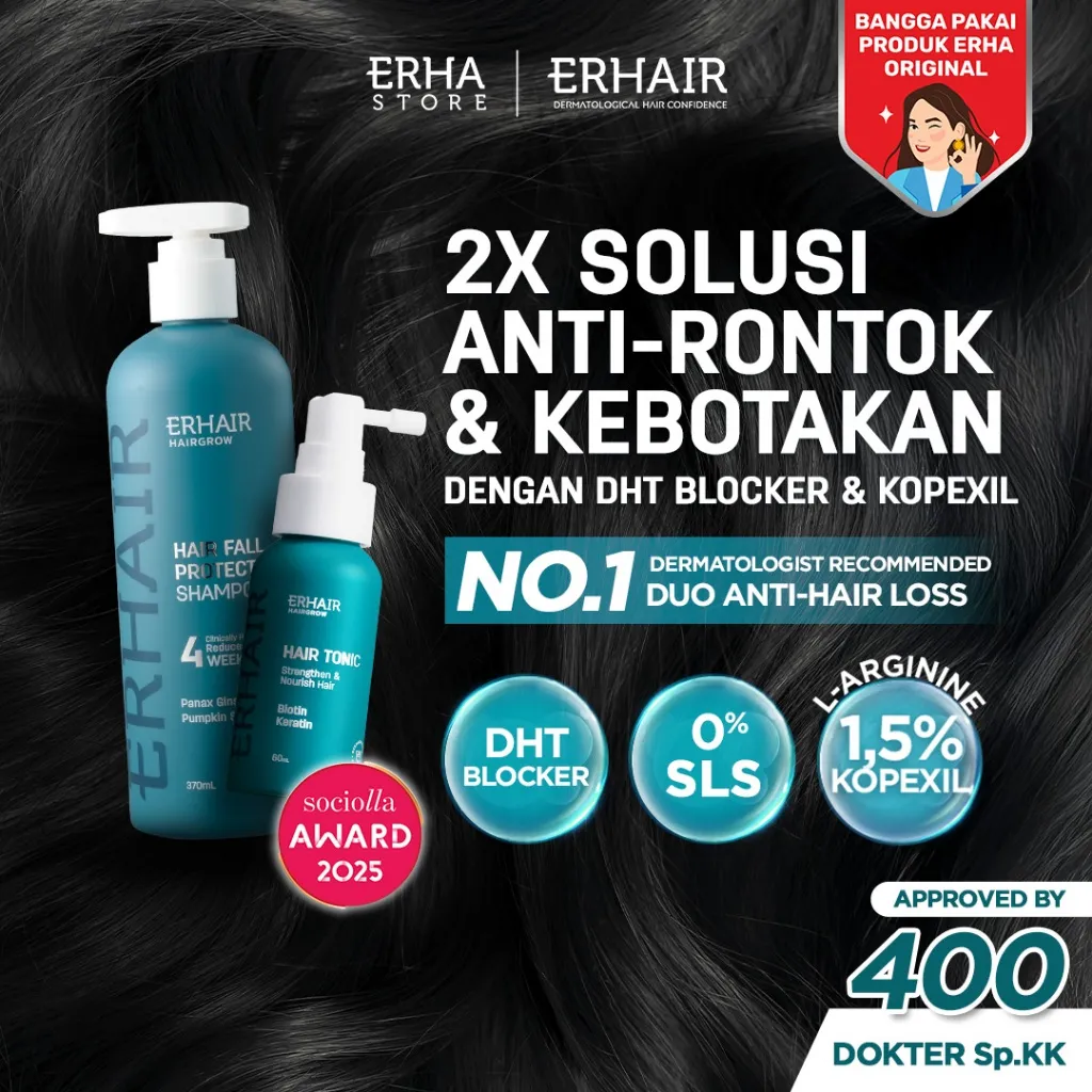 ERHAIR SET ANTI RONTOK Hairgrow Shampoo 370ml + Hair Tonic 60ml - Mencegah Rontok Hormonal | DHT Blocker | Panax Ginseng & Pumpkin Seed | Rekomendasi Ahli Dermatologi