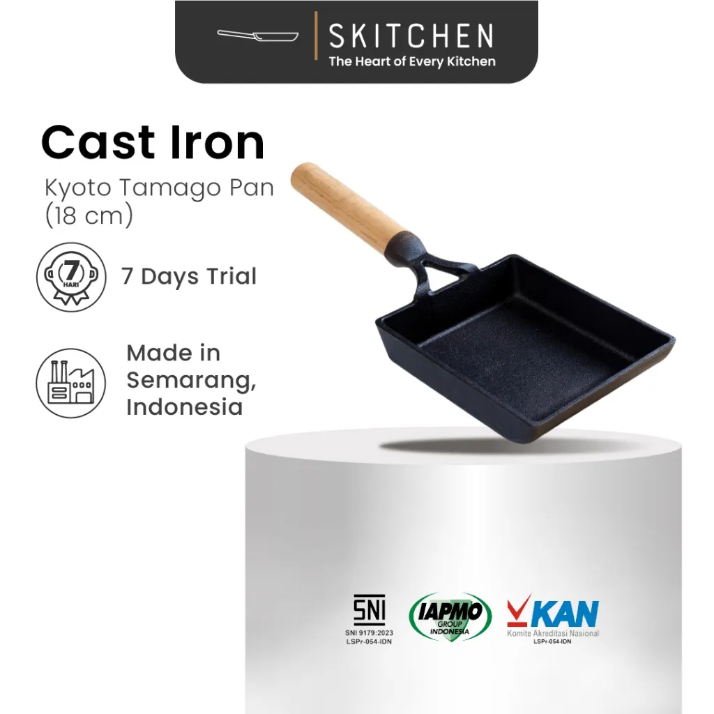 SKITCHEN Kyoto Tamago Pan (18 cm) - Wajan Cast Iron Omelet, Telur Gulung, Wooden Handle, Tahan Panas