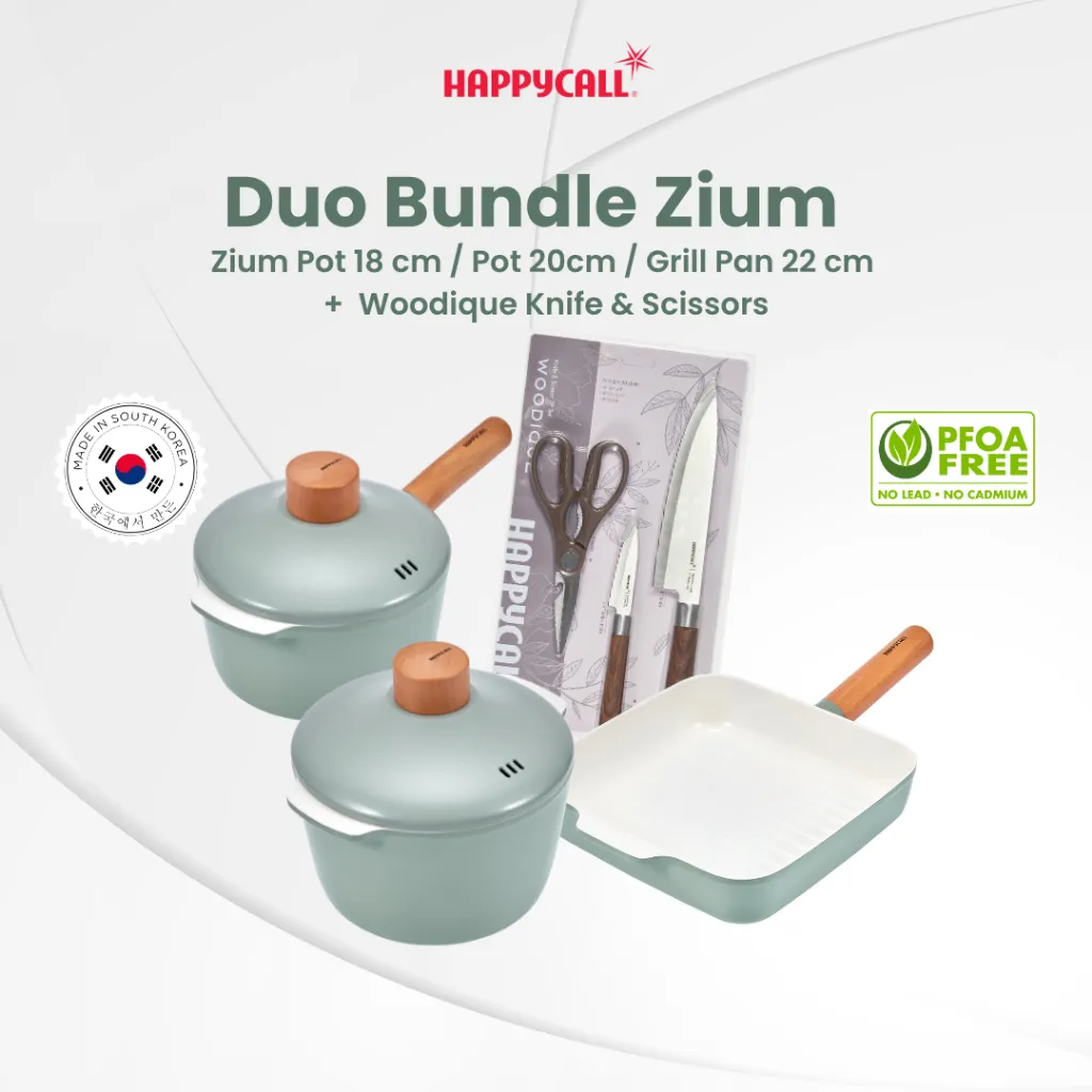 Duo Bundle Zium Pan Panci Ceramic serbaguna &  Woodique Knife & Scissors (Set isi 3 Pcs)