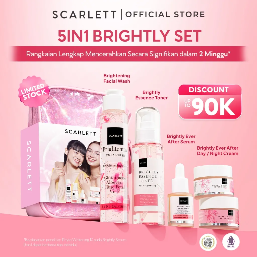 SCARLETT Brightly Ever After Series - Paket Lengkap Mencerahkan Wajah 5in1-Brightening Moisturizer +Serum+Cleanser+Toner+Krim Pagi+Krim Malam | Niacinamide Vitamin C Gluthatione