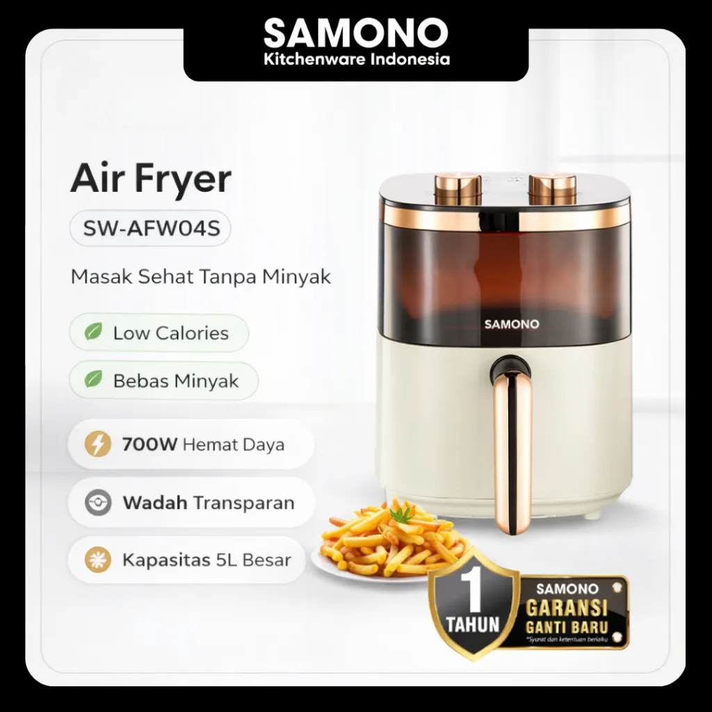 SAMONO Air Fryer Transparan 4L 700W Oil-Free Low Watt Healthy Fryer dengan Kaca Window, Non-Stick Tray, Timer 60 Menit & Suhu 80-200°C SW-AFW04S