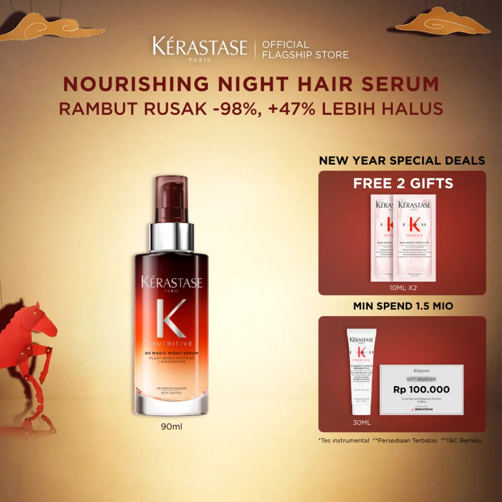 Kerastase 8H Magic Night Hair Serum 90ml - Serum Rambut Malam Hari untuk Menutrisi Rambut Kering & Mengurangi 98% Kerusakan Rambut