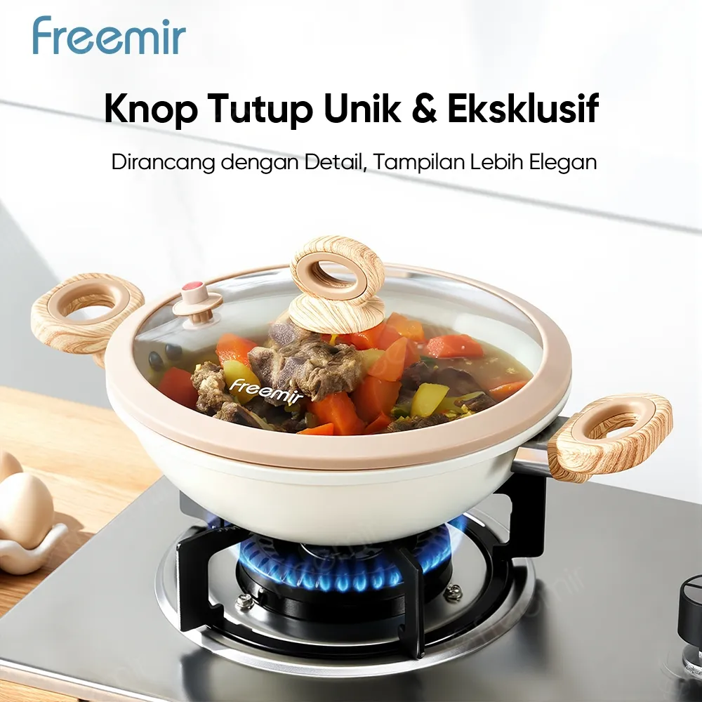 [PREMIUM] freemir Wajan Cekung 24cm  Anti Lengket Multifungsi Beige + Tutup Kaca Anti Tumpah