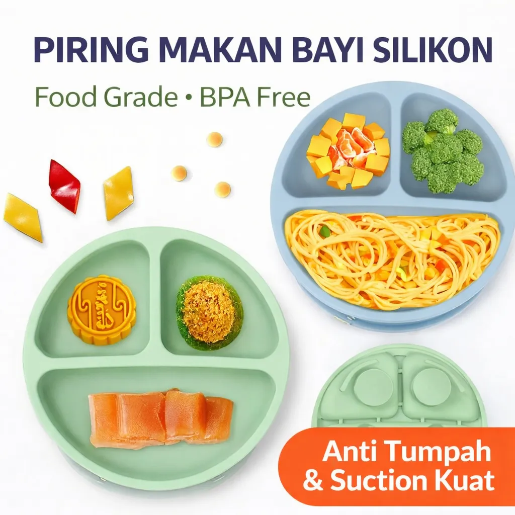 Piring Silikon Bayi Suction Kuat Anti Terbalik - Tempat Makan Anak MPASI Sekat 3 Karakter Beruang / Bear Safety