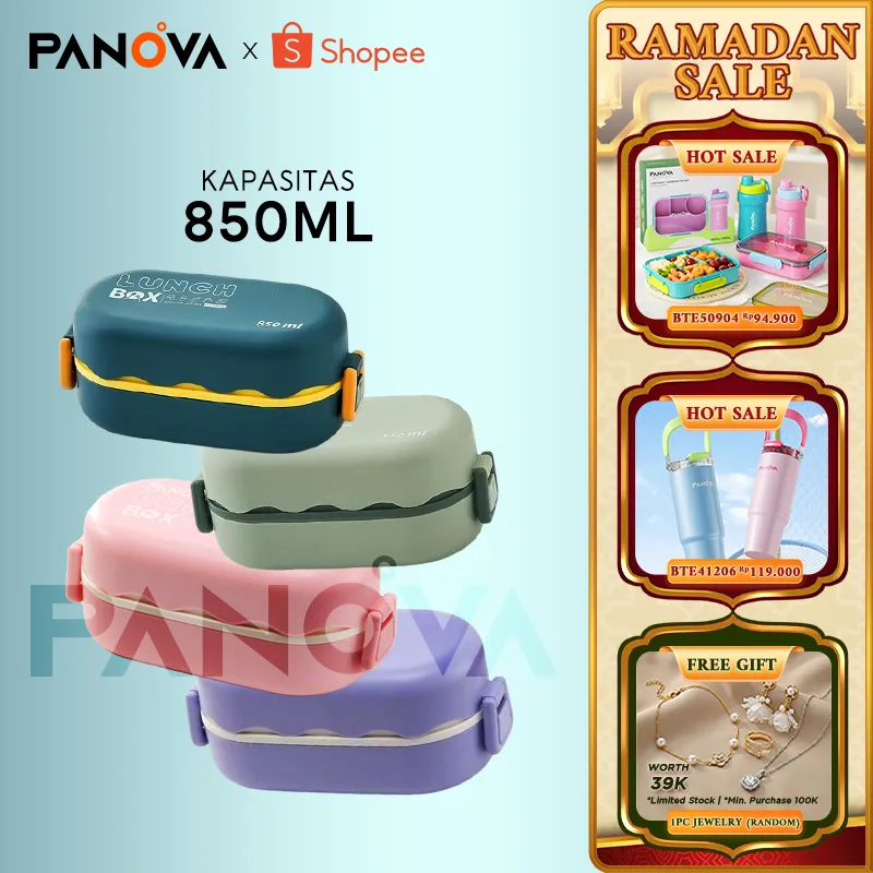 PANOVA Lunch Box 2 Tingkat / Kotak Makan Dual Layer - Aman Microwave Anti Tumpah Kompartemen Terpisah untuk Bekal Kantor & Diet Sehat FREE Sendok Garpu - BTW30301 (Ungu/Pink/Hijau/Navy)