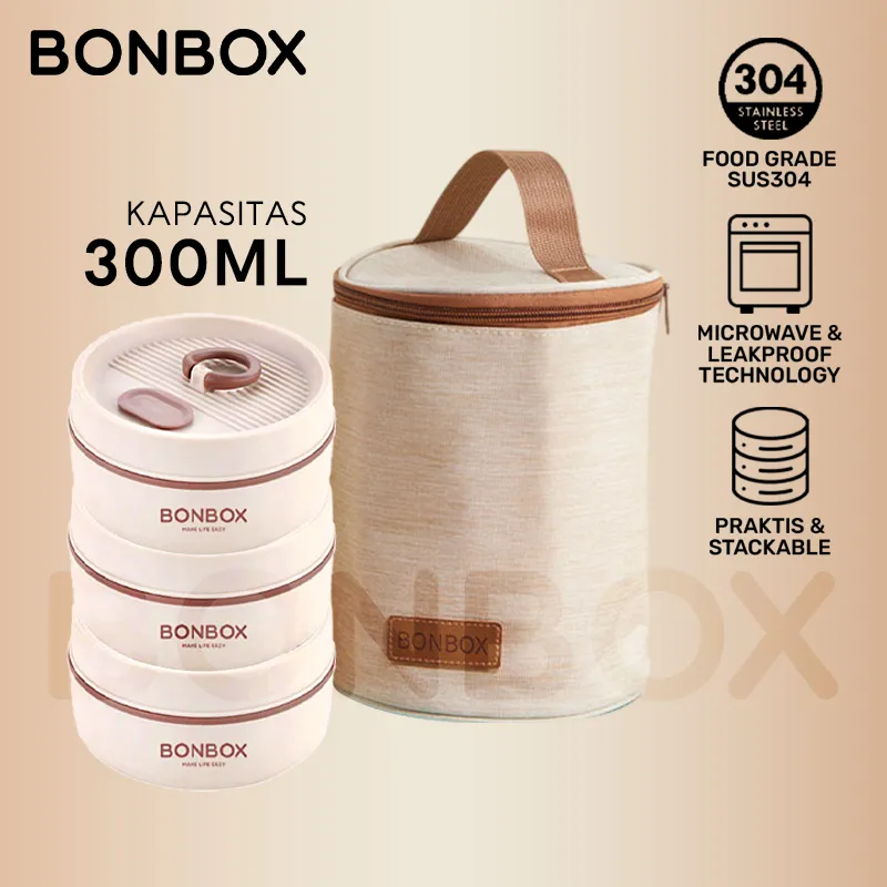 BONBOX SET Lunch Box Stainless Steel 304 300ml - Pilihan Kotak Single/Multi + Tas Silinder Insulated, Warna Beige Elegant untuk Bekal Sehat - BTE41105+BX-BG41202 Beige