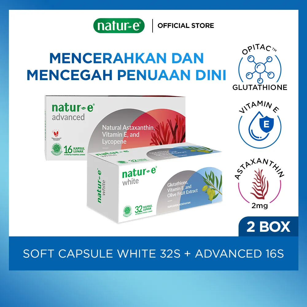 Natur-E Paket Soft Capsule - White 32s & Advanced 16s/32s - Suplemen Kecantikan Dengan Vitamin E, Glutathione dan Astaxanthin - Membantu Menjaga Kesehatan Kulit dari Dalam
