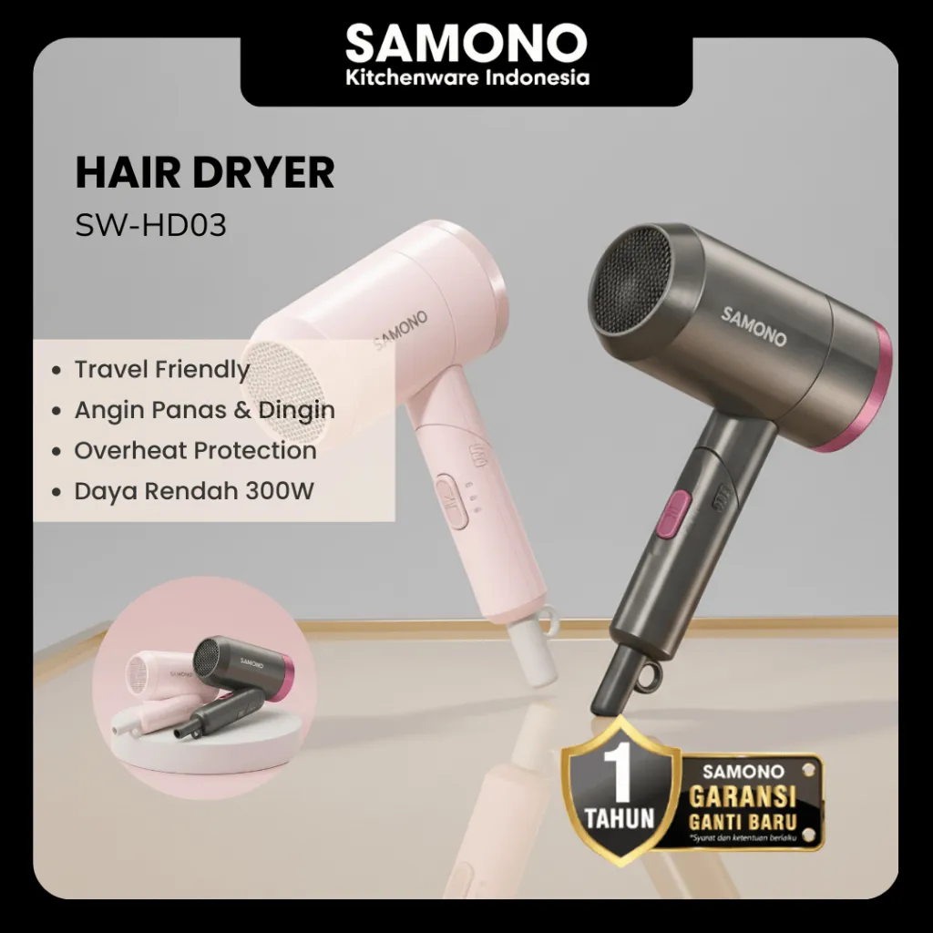 SAMONO Hair Dryer Professional 300W Pengering Rambut Lipat Ion Negatif Udara Panas & Dingin 3 Mode + Nozzle Udara Bisa Digantung, Hemat Space SW-HD03