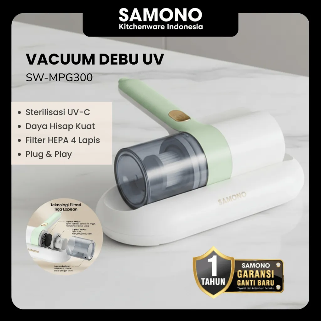 SAMONO Vacuum Debu Tungau Kasur UV-C Penyedot Tungau 10kPa, HEPA Filter 4 Lapis, Kabel 4m Vacuum Tungau Kasur Anti Alergi, Sterilisasi UV-C 99% Kuman untuk Kasur, Sofa, Karpet SW-MPG300