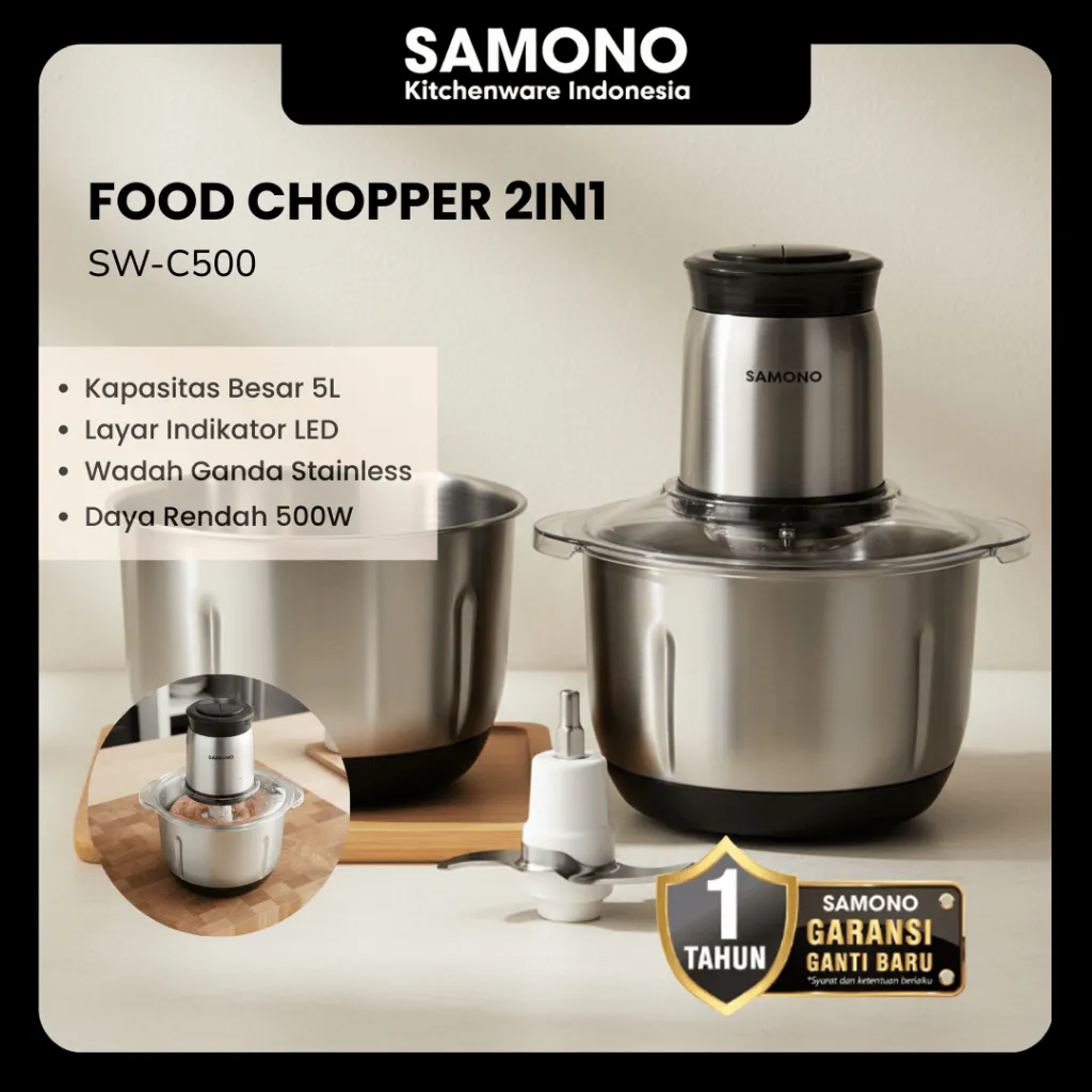 SAMONO Food Chopper 5L Stainless Steel 500W Chopper Daging & Blender Bumbu 2 Pisau Food Processor Serbaguna Peralatan Dapur Rumah Tangga SW-C500