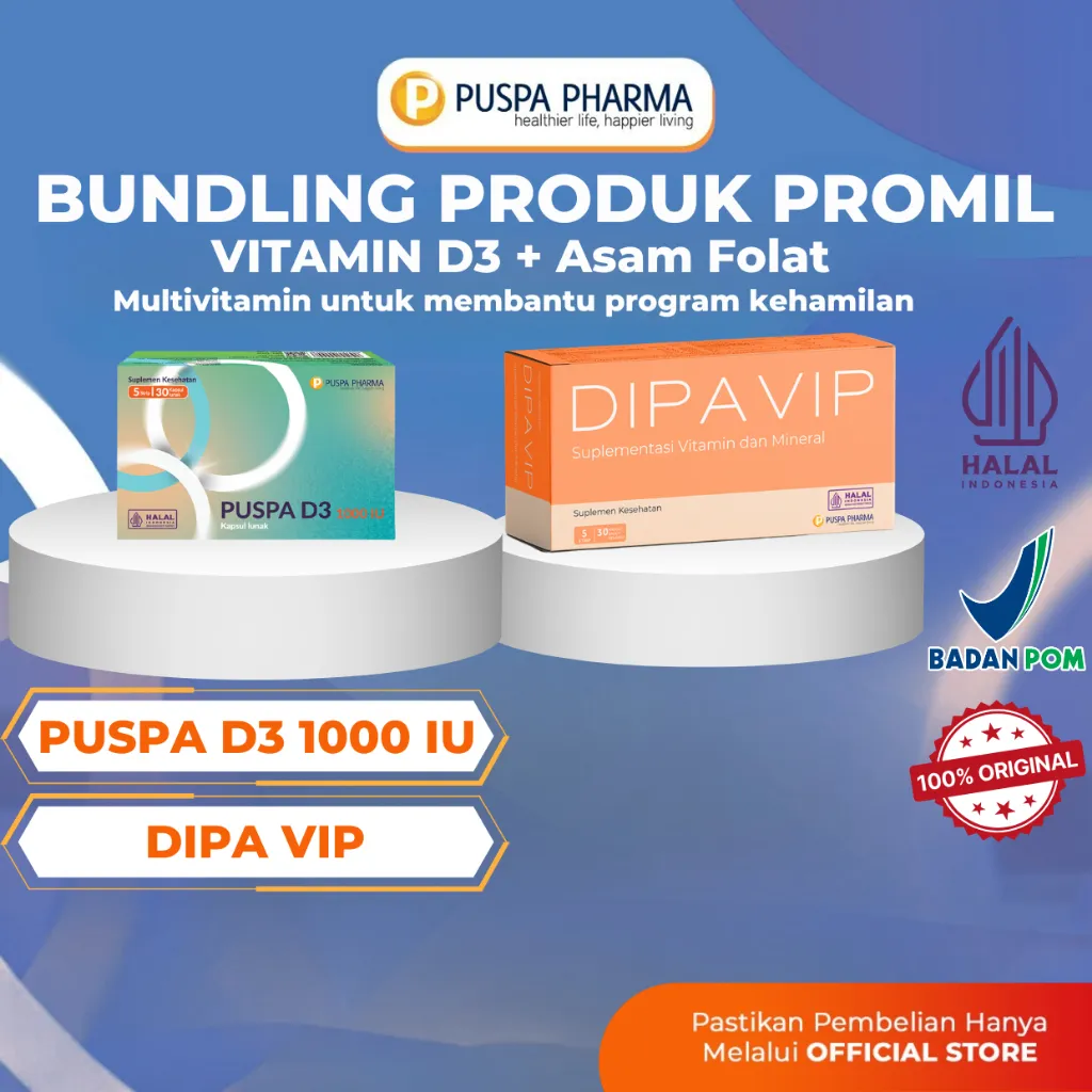 {Bundling Produk Promil} Dipa VIP + Puspa D3 1000 IU - Antioksidan Promil 2 Produk @ 30 Caps - Sudah BPOM dan Halal