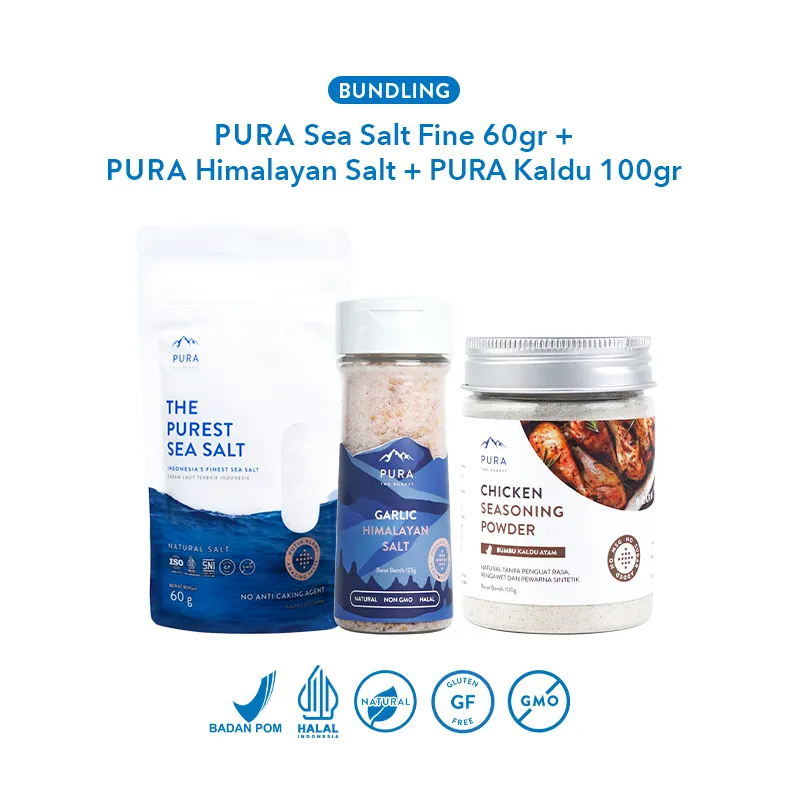 Pura Sea Salt Fine (60gr) + Himalayan Salt (125gr) + Kaldu Asli (100gr) - [3PCS] - Kaldu Natural Non MSG - Garam Rendah Natrium - Rendah Gula