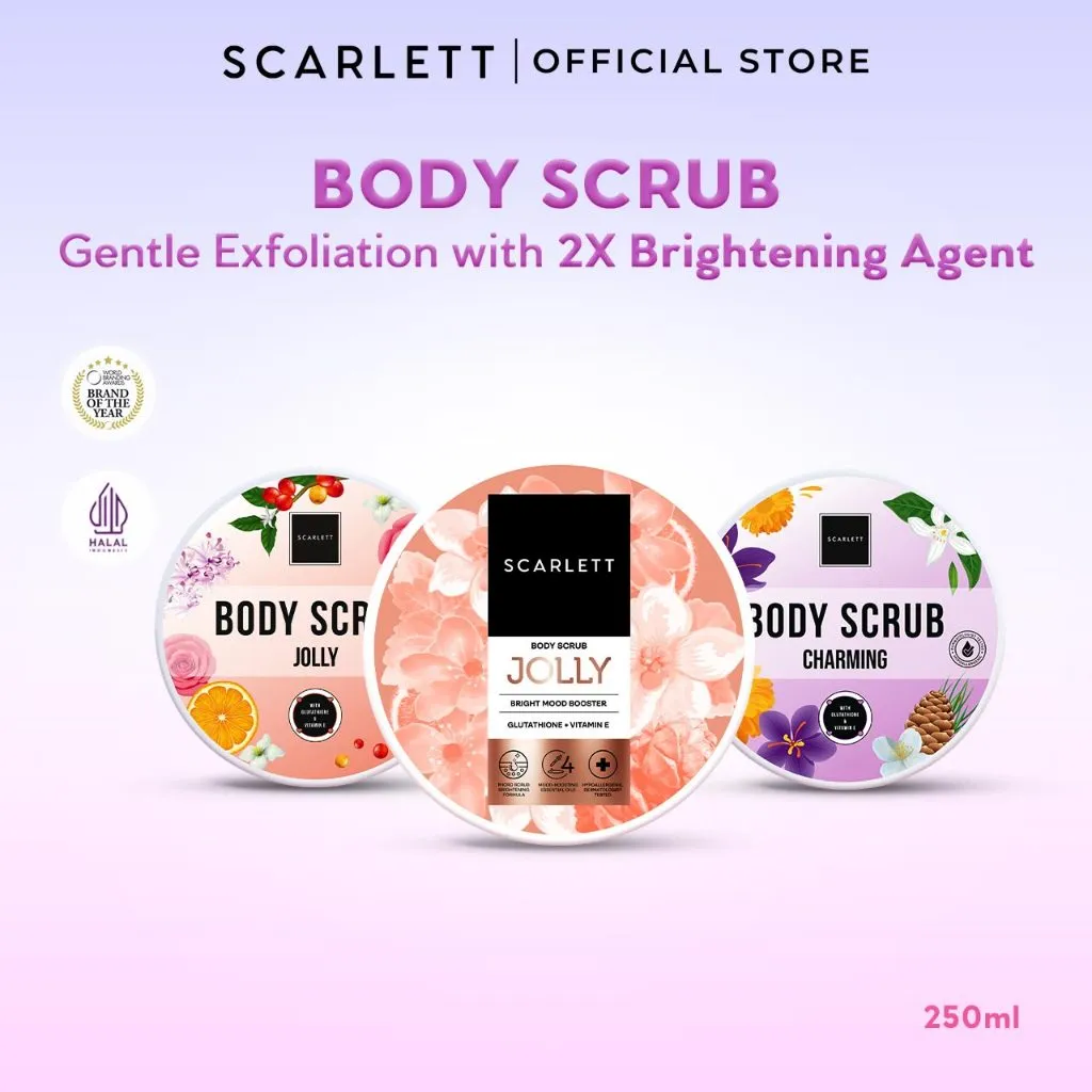SCARLETT Body Scrub 250ml | Membantu Mengeksfoliasi Melembutkan Mencerahkan Kulit Mengangkat Sel Kulit Mati | Kulit Cerah Sehat dengan Wangi Mewah