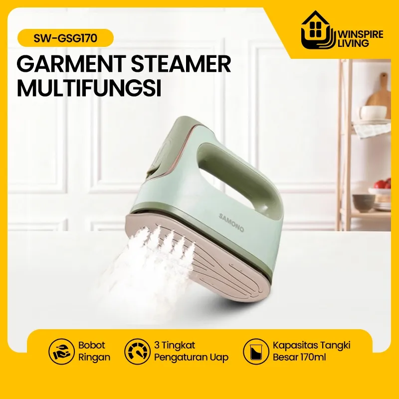 SAMONO Garment Steamer SW-GSG170 1000W Setrika Uap 3 Tingkat, Tangki 170ml, Bisa Datar & Gantung | Garment Steamer Portabel 3 Tingkat Uap untuk Travel & Rumahan Anti Kusut untuk Baju & Hijab