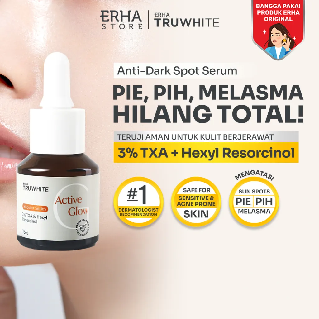 ERHA Truwhite Active Glow Booster with 3% Tranexamic Acid & Hexyl Resorcinol - 15ml I Atasi Melasma dan Cerahkan Dark Spot cocok untuk kulit Normal/Sensitif/Jerawat