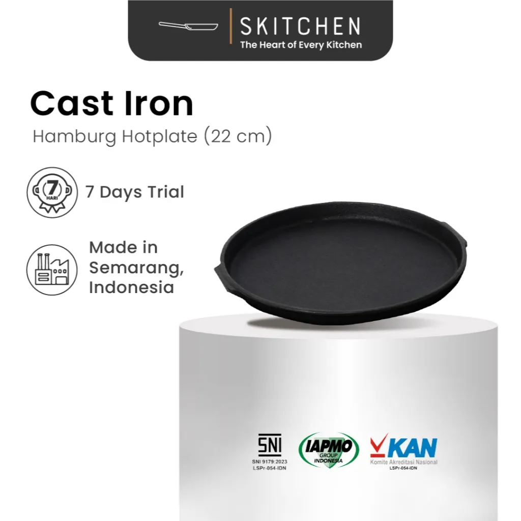 SKITCHEN Cast Iron Hamburg Hotplate (22 cm) - Panci Premium Alat Panggangan Masak Saji Sekaligus