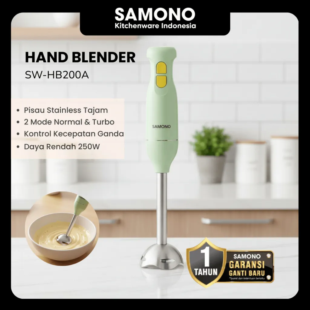 SAMONO Hand Blender Pisau Tajam Stainless 304 Dua Mode Kecepatan Low Watt 250W Bentuk Ergonomis Ringan Portable Blender Jus Buah Sehat SW-HB200A
