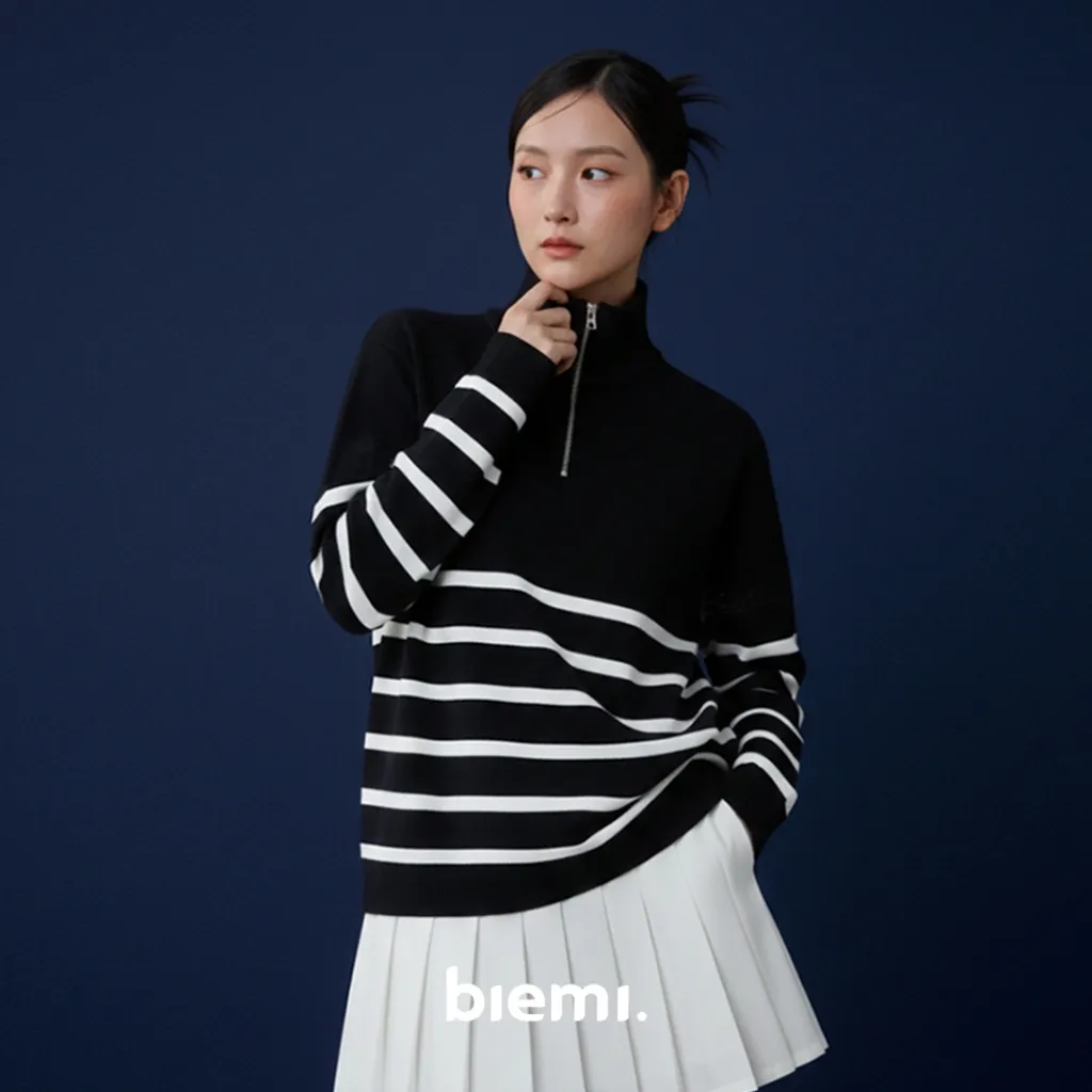 BIEMI Polar Stripe Zip Sweater | Cardigan Rajut Wanita Oversize Korean Style Lengan Panjang