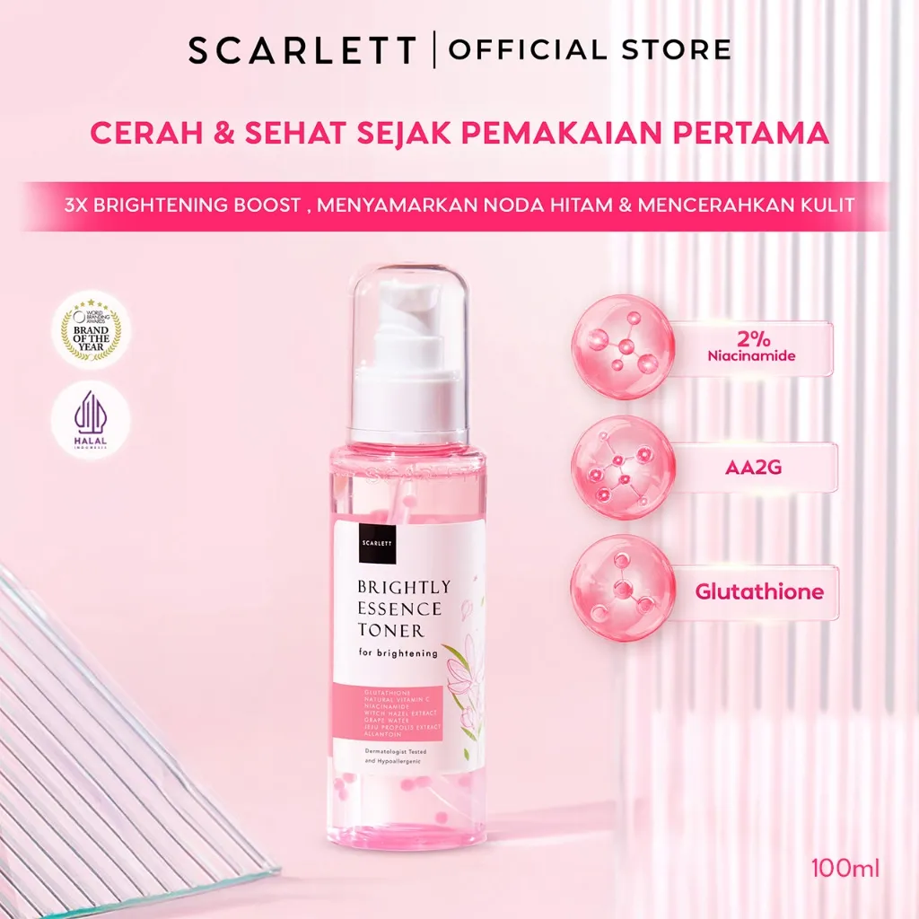 Scarlett Whitening Brightly Essence Toner - Toner Wajah untuk Mencerahkan Melembabkan & Memudarkan Noda Hitam di Kulit Wajah dengan Sensasi Menyegarkan || Kombinasi Glutathione & Vitamin C sebagai Pemutih Wajah