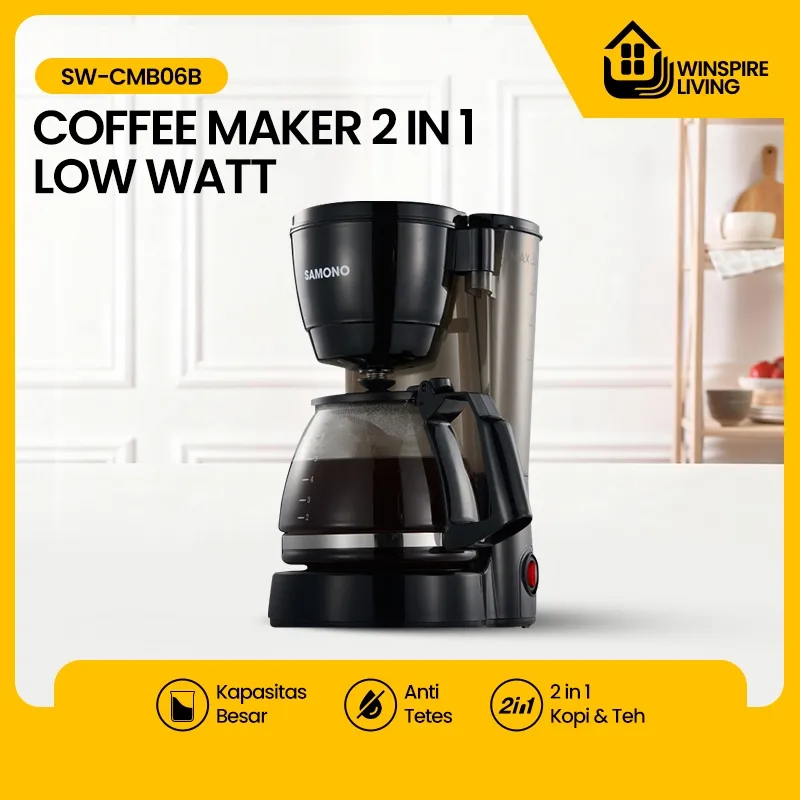 SAMONO Coffee Maker 750ML Mesin Pembuat Kopi Otomatis 2in1 Low Watt 600W Anti Bocor Timer 24 Jam Filter Reusable Easy Clean SW-CMB06B
