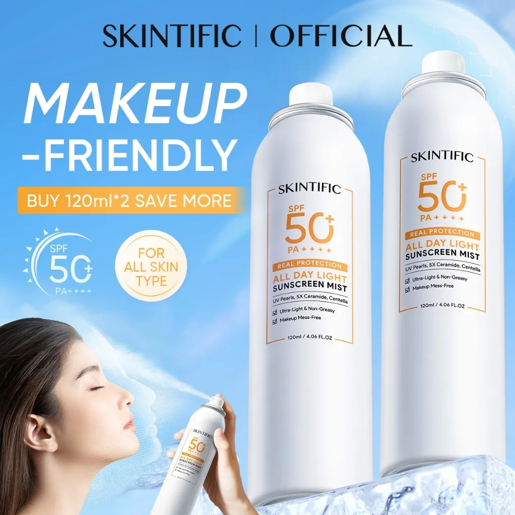 SKINTIFIC – All Day Light Sunscreen Mist SPF 50 PA++++ 120ml | Sunscreen Spray Wajah & Tubuh | Perlindungan UVA & UVB| Cocok untuk Kulit Berminyak & Semua Jenis Kulit | Sunscreen Praktis untuk Traveling & Aktivitas Outdoor | Mencerahkan & Melindungi Kulit