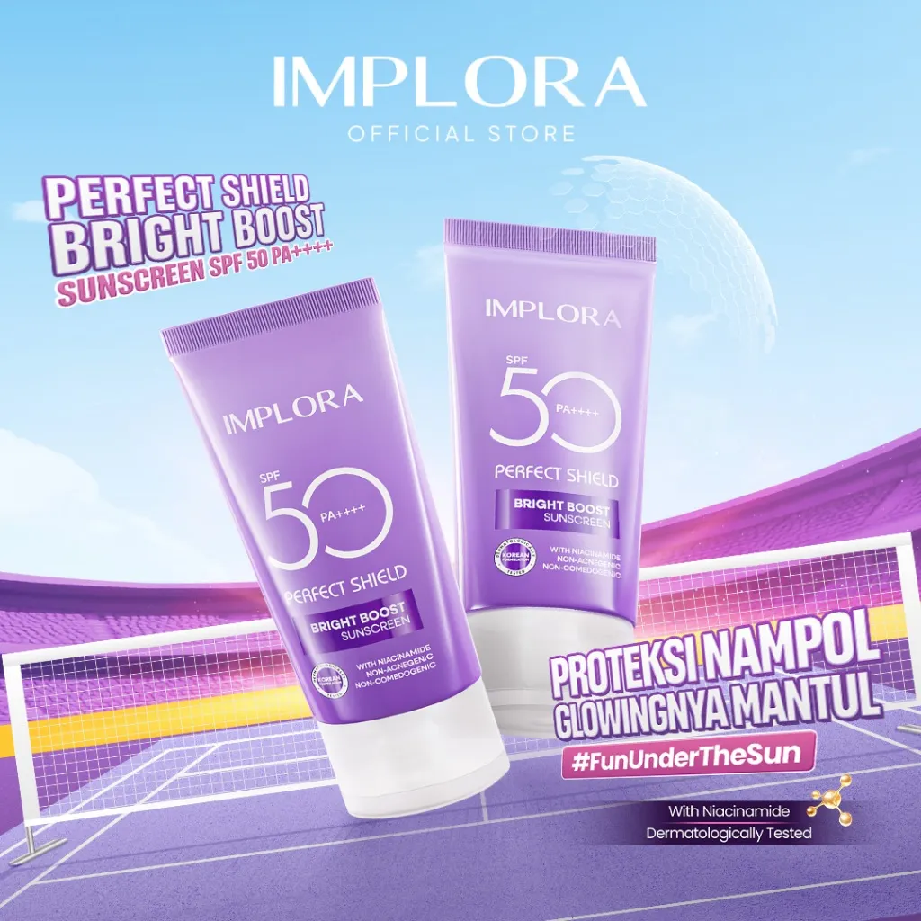 Implora Perfect Shield  Bright Boost Sunscreen SPF 50 PA++++ | Sunblock Wajah dengan Niacinamide | Sunscreen Mencerahkan