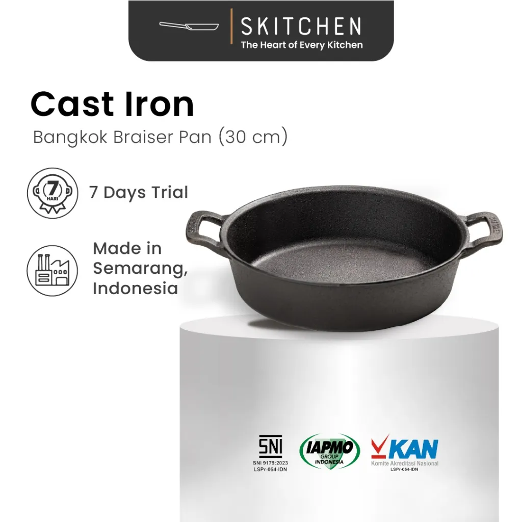 SKITCHEN Cast Iron Bangkok Braiser Pan 30 cm – Panci Kuali Besi Cor Premiun Panggangan Anti Gores