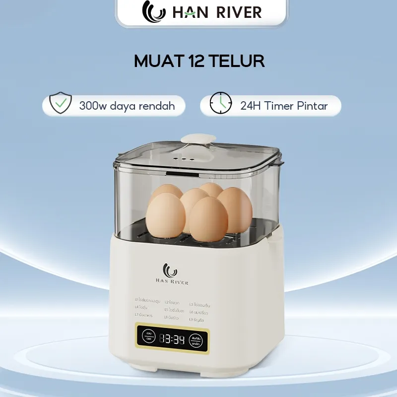 HAN RIVER Egg Cooker Kukusan Telur Multifungsi Pengukus Telur 6 Mode Penjadwalan 24 Jam Tray Kukus & Cup Kukus