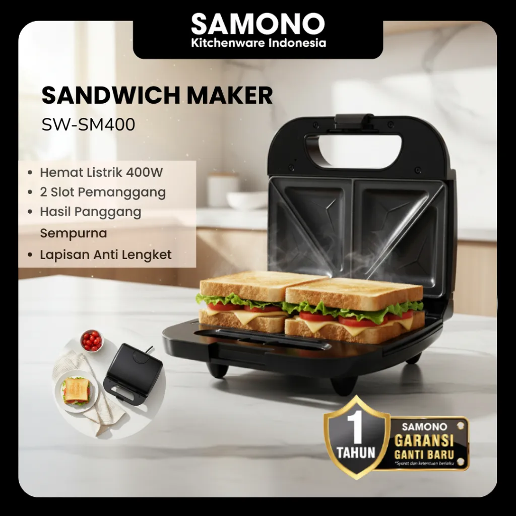 SAMONO Sandwich Maker 2 Roti - Alat Pemanggang Roti Listrik Anti Lengket Low Watt Garansi 1 Tahun SW-SM400