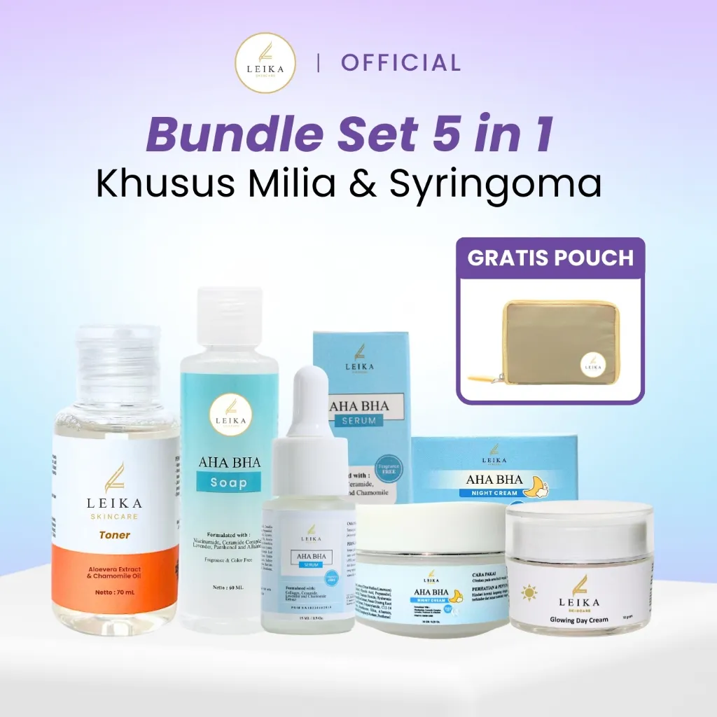Leika Skincare Paket Lengkap 5 in 1 BPOM AHA BHA Serum, AHA BHA Night Cream, Glowing Day Cream, Toner dan AHA BHA Soap