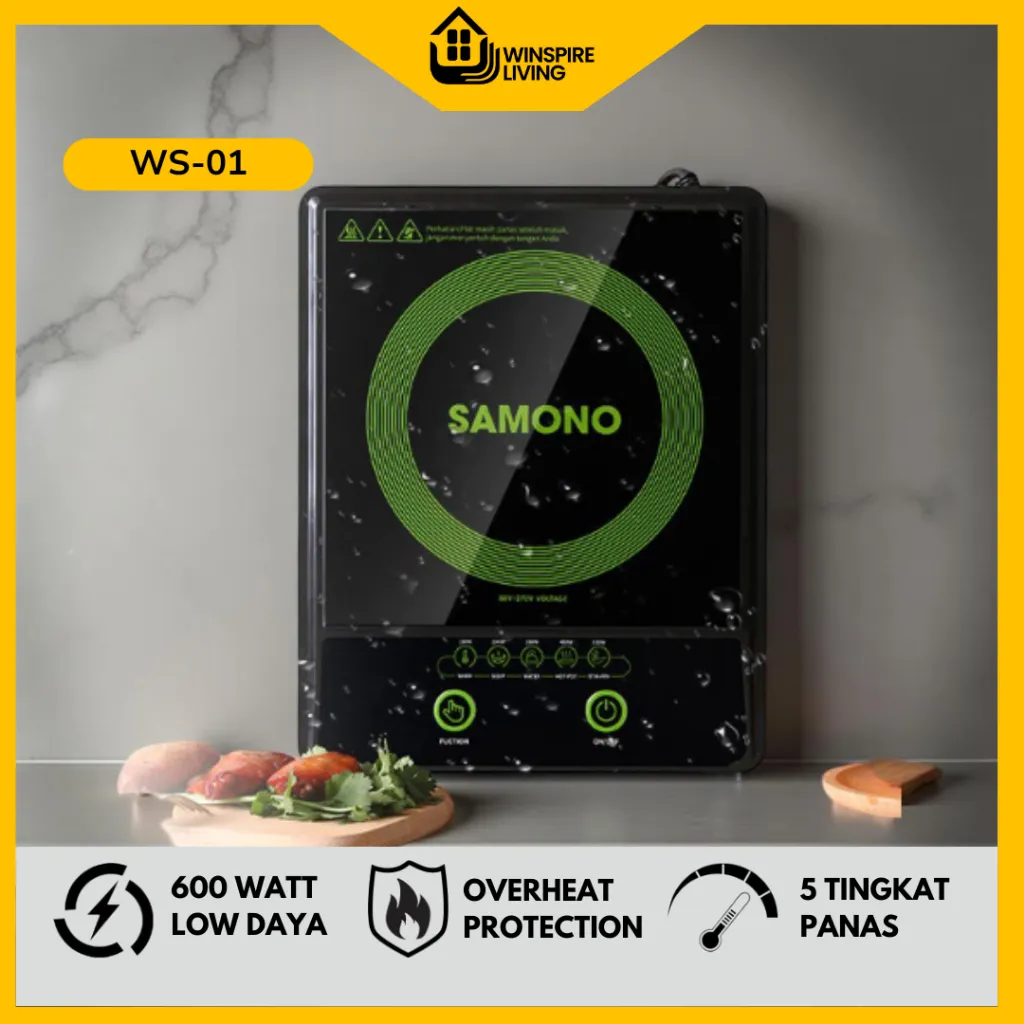 SAMONO Kompor Listrik Induksi 600W WS-01 Low Watt, Digital Touch Screen, Kompor Portable 5 Tingkat Panas, Waterproof 3D, Kaca Mikrosatin, Induction Cooker Portable Hijau