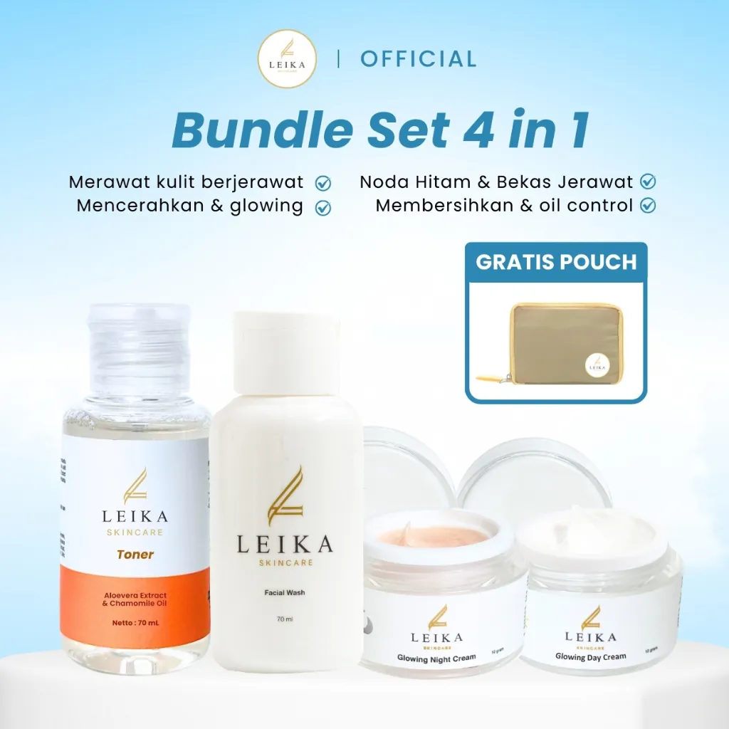 Leika Skincare Basic Pack 4 in 1 Glowing Day Cream, Glowing Night Cream, Facial Wash & Toner BPOM Halal MUI