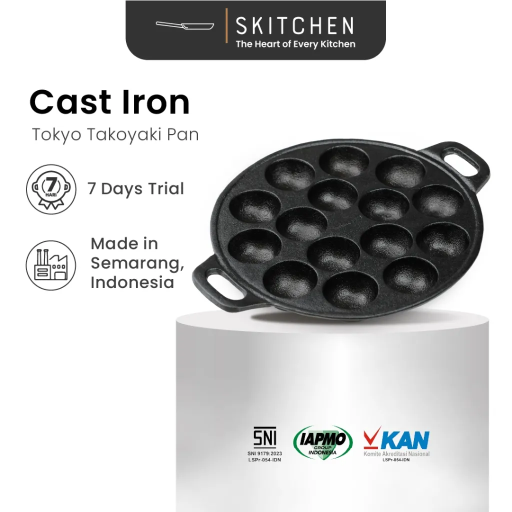 SKITCHEN Cast Iron Tokyo Takoyaki Pan - Wajan Besi Cor Premium Cetakan Takoyaki Isi 15 Lubang