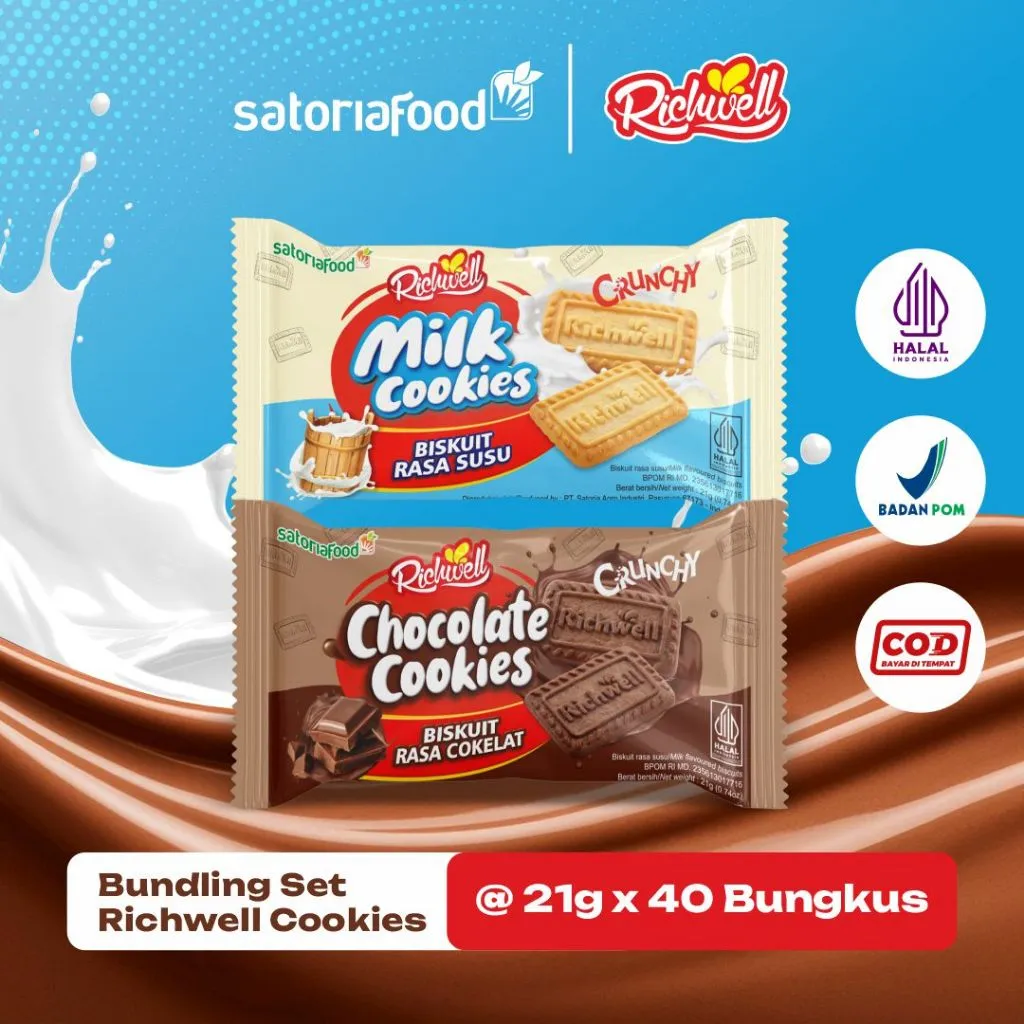 SatoriaFood - Paket 2 Renceng Richwell Cookies 21g Rasa Susu & Cokelat isi 40 Bungkus | Cemilan Snack Biskuit Kukis BPOM Halal