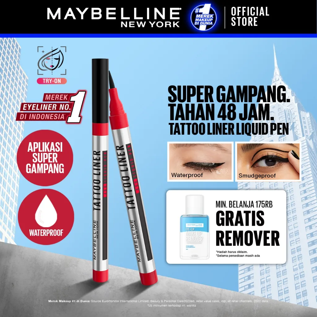 MAYBELLINE OFFICIAL Tattoo Liner 48H Liquid Pen Eyeliner Waterproof Make up Line Tattoo High Impact Tahan Lama 48 Jam Hitam Superstay Matte Vinyl Ink