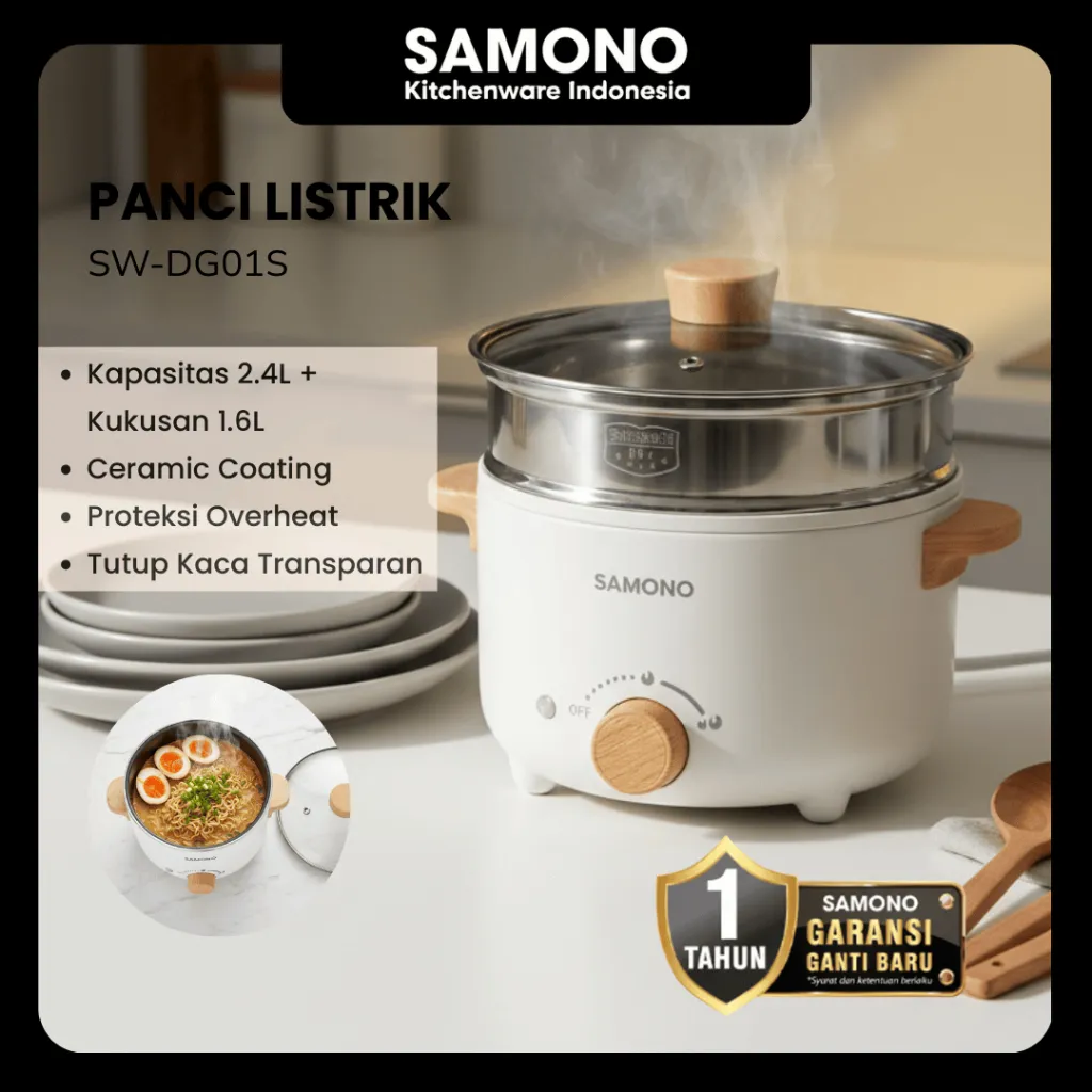SAMONO Panci Listrik 2.4L Serbaguna Low Watt SW-DG01S Multicooker Kukusan Stainless 1.6L, Ceramic Coating Anti Lengket, Alat Masak Dapur Praktis Cocok Anak Kos & Rumah Tangga