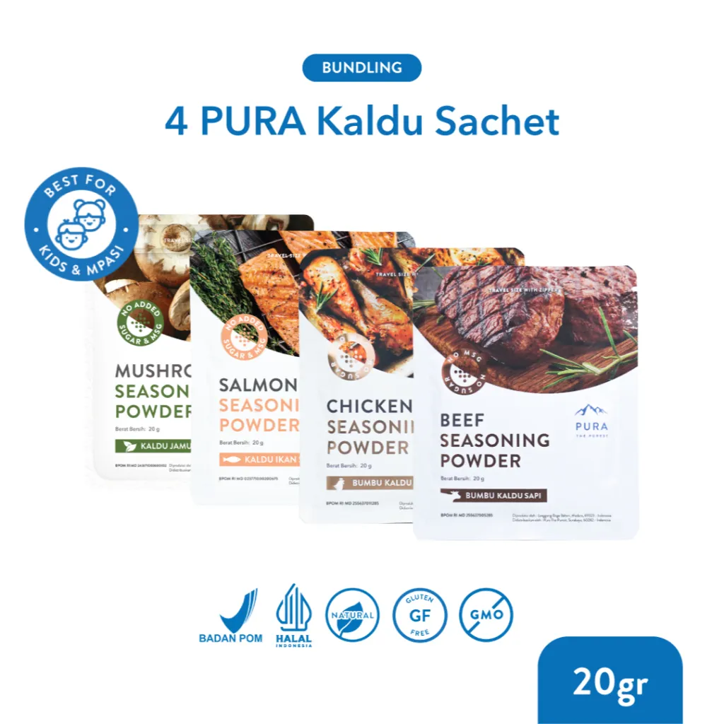 Pura Kaldu Asli | 4 Bumbu Kaldu Ayam Kampung, Sapi, Jamur & Salmon (20gr) - Seasoning Powder - Kaldu Mpasi - BB Booster - No Gula Non MSG - Kaldu Serbaguna - Kaldu Alami