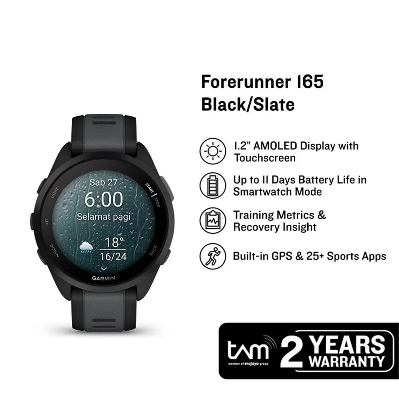 Jam Tangan Lari GPS Garmin Forerunner 165 010-02863-AA Smartwatch Black Slate Grey Silicone Strap