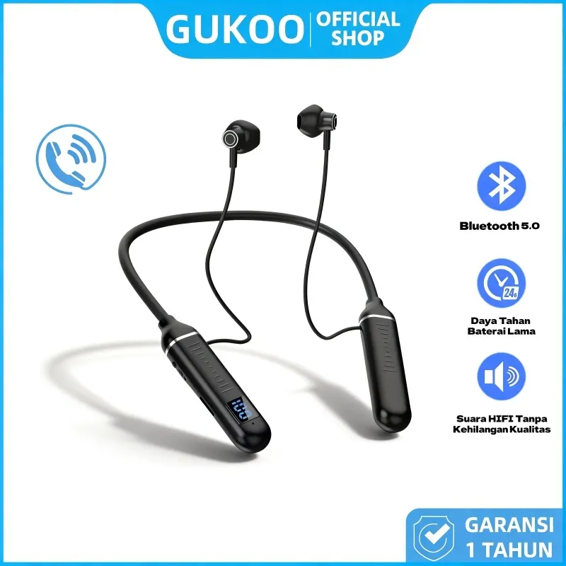 GUKOO Headset Headphone Leher Bluetooth, Kualitas Suara Jernih, Baterai Tahan Lama 24 Jam