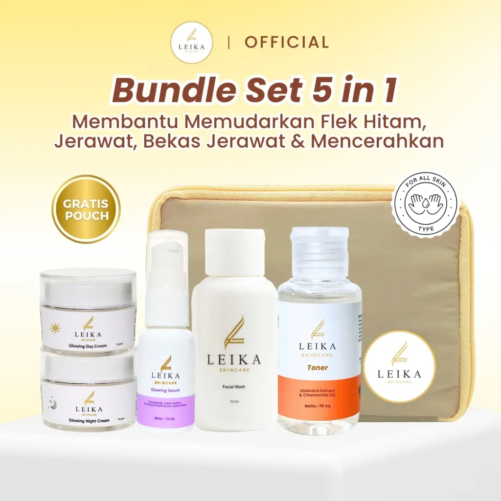 Leika Skincare Paket 5 in 1 BPOM & Halal MUI Paket Skincare Untuk Flek Hitam, Flek Melasma, Noda Hitam, Bintik Hitam dan Flek Spruten, Paket Cream Perawatan Flek Bekas Jerawat Krim Untuk Kulit Sensitif Kusam Kering Berminyak dan Berjerawat