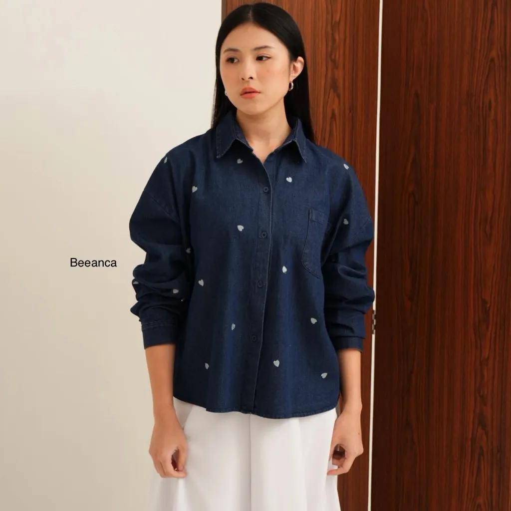 BEEANCA - Emily denim | blouse denim | atasan denim | atasan wanita | blouse bordir | kemeja denim | kemeja wanita