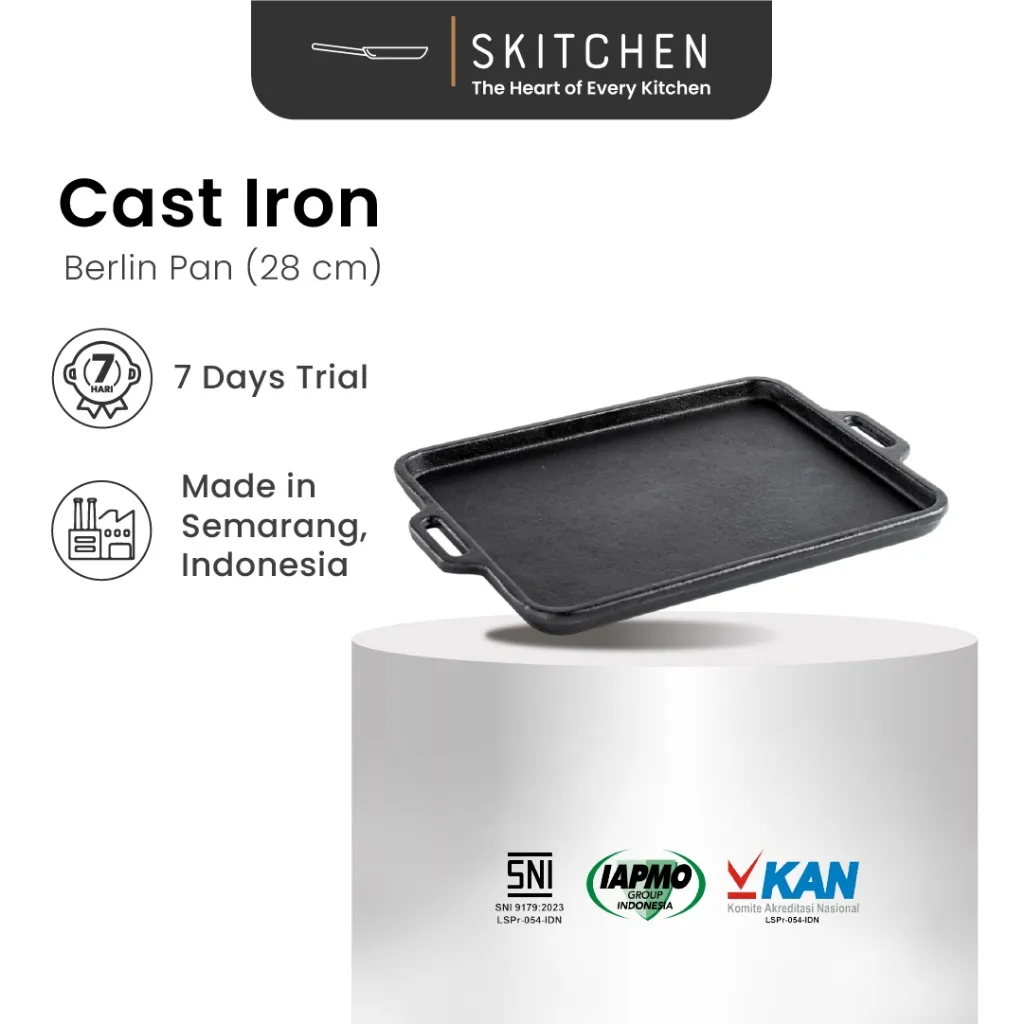 SKITCHEN Cast Iron Berlin pan (28 cm) - Alat Panggangan Premium Serbaguna, Panas Merata Tahan Lama