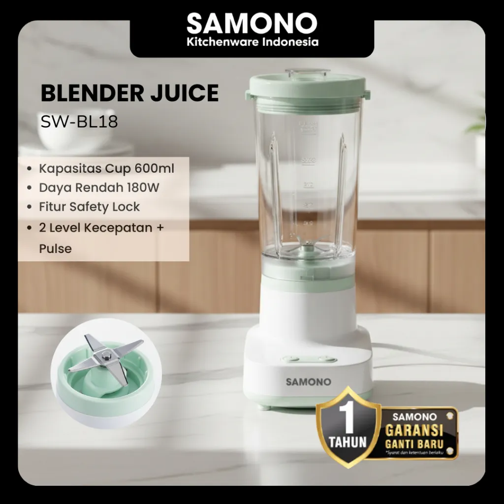 SAMONO Juicer Blender Mini 600ml Low Watt 180W Penghalus Buah Sayur 4 Pisau Stainless, Portable Kos & Rumah | Personal Blender Food Grade Safety Lock Lebih Higienis & Sehat SW-BL180